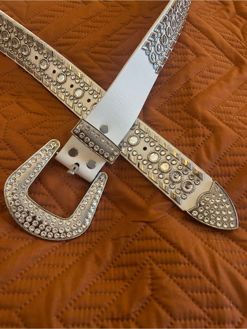 White Rhinestone Western Belt with Crystal Buckle